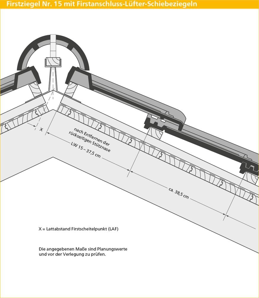 ERLUS Technische Zeichnung E 58 MAX® - Firstziegel Nr. 15 mit Firstanschluss-Lüfter-Schiebeziegeln | © ERLUS AG 2018