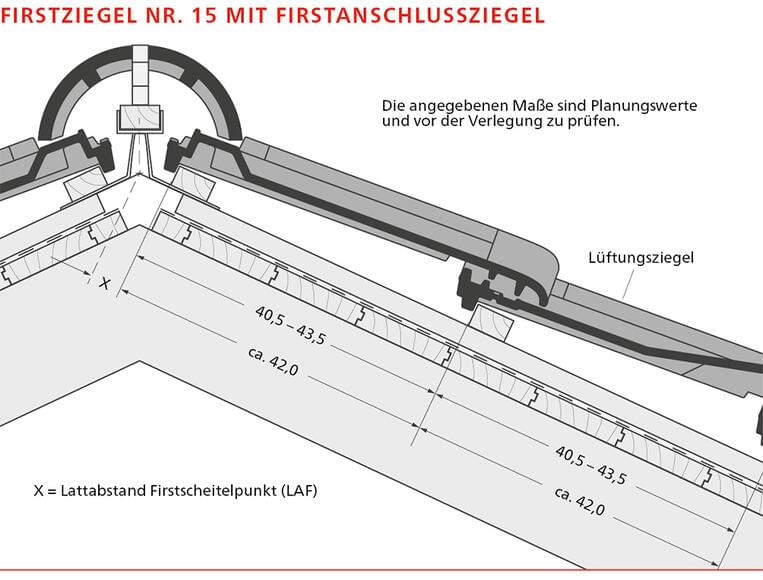 ERLUS Technische Zeichnung E 58 PLUS® - Firstziegel Nr. 15 mit Firstanschlussziegeln | © ERLUS AG 2018