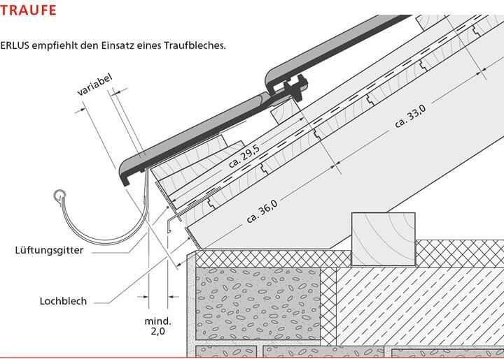 ERLUS Technische Zeichnung Falzziegel - Traufe | © ERLUS AG 2018