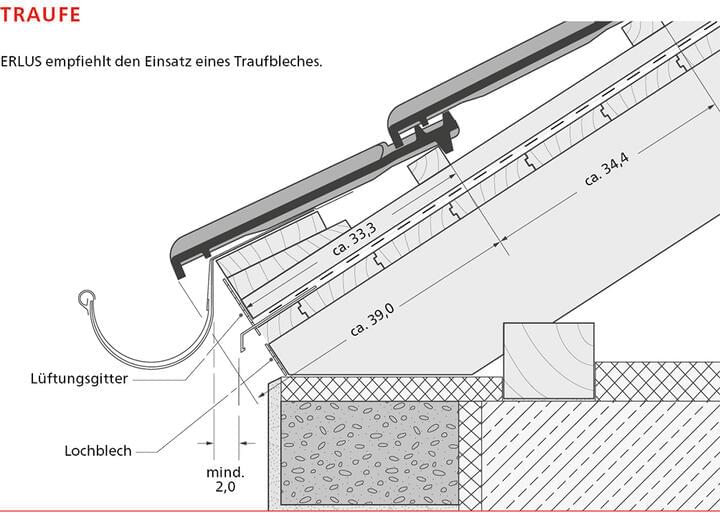 ERLUS Technische Zeichnung Großfalzziegel - Knappe Traufe | © ERLUS AG 2018