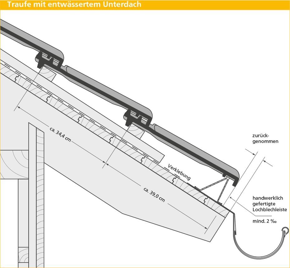ERLUS Technische Zeichnung Großfalzziegel - Traufe mit entwässertem Unterdach | © ERLUS AG 2018