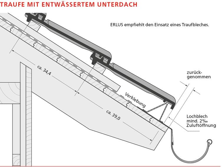 ERLUS Technische Zeichnung Großfalzziegel - Traufe mit entwässertem Unterdach | © ERLUS AG 2018