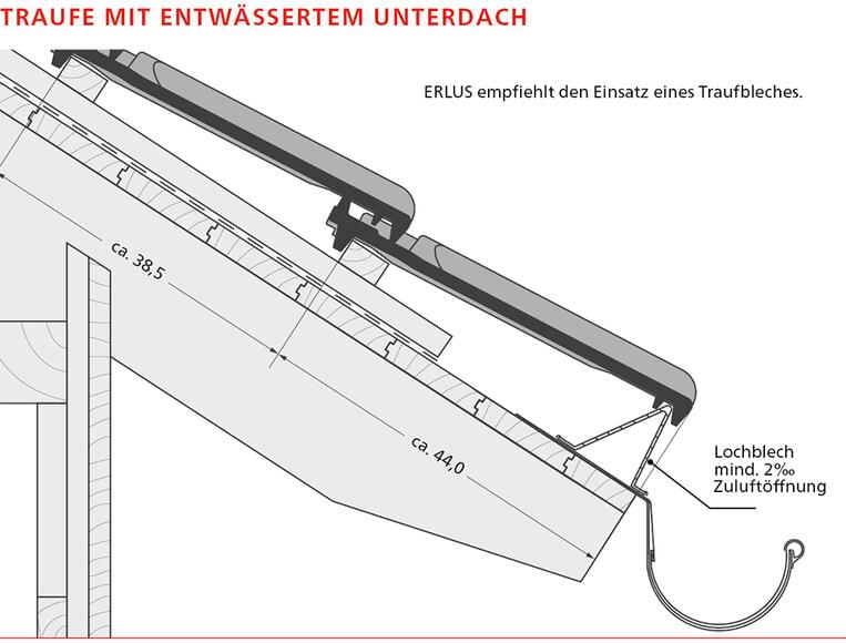 ERLUS Technische Zeichnung Großfalzziegel XXL® - Traufe mit entwässertem Unterdach | © ERLUS AG 2018