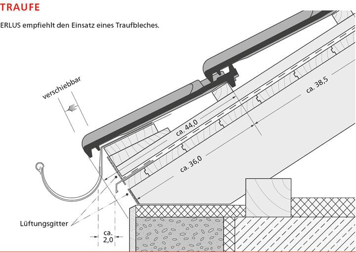 ERLUS Technische Zeichnung Großfalzziegel XXL® - Traufe | © ERLUS AG 2018