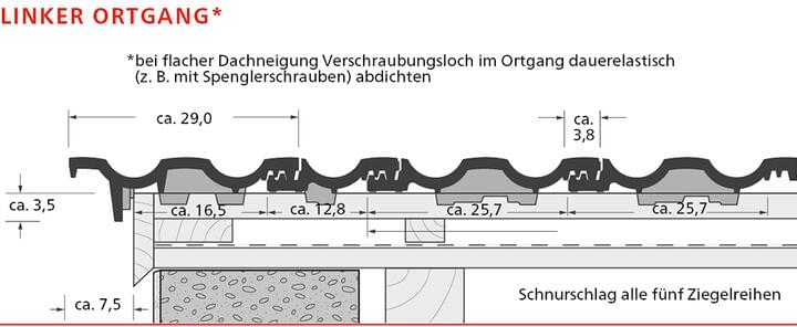 ERLUS Technische Zeichnung Großfalzziegel XXL® - Linker Ortgangziegel | © ERLUS AG 2018