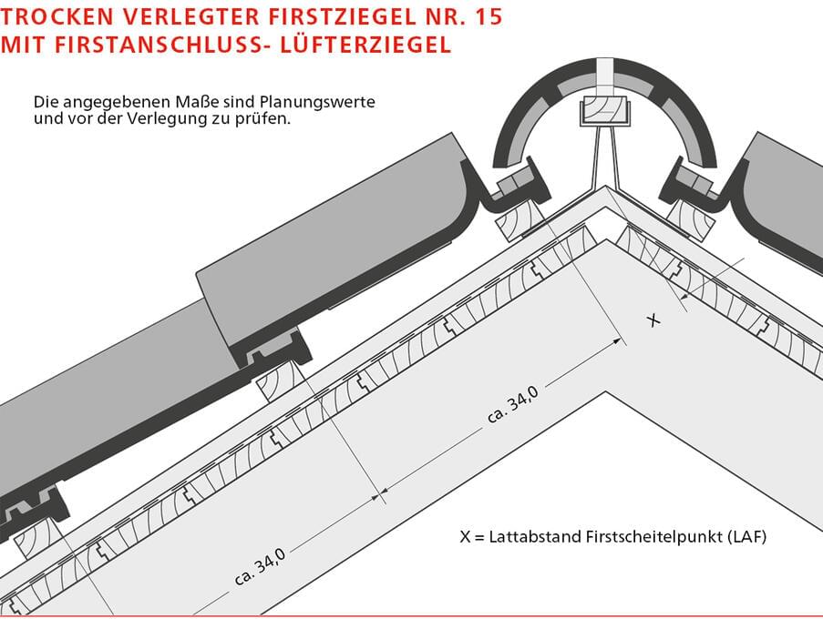 ERLUS Technische Zeichnung Mönchpfanne - First Nr. 15 mit Firstanschlusslüfterziegeln | © ERLUS AG 2018