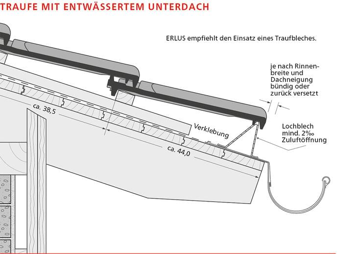 ERLUS Technische Zeichnung Reformpfanne XXL® - Traufe mit entwässertem Unterdach | © ERLUS AG 2018