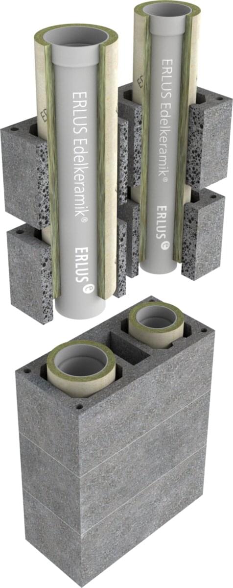 CIE, ERLUS Leistungsschornstein, zweizügig mit Installationsschacht - Rendering | © ERLUS AG 2018